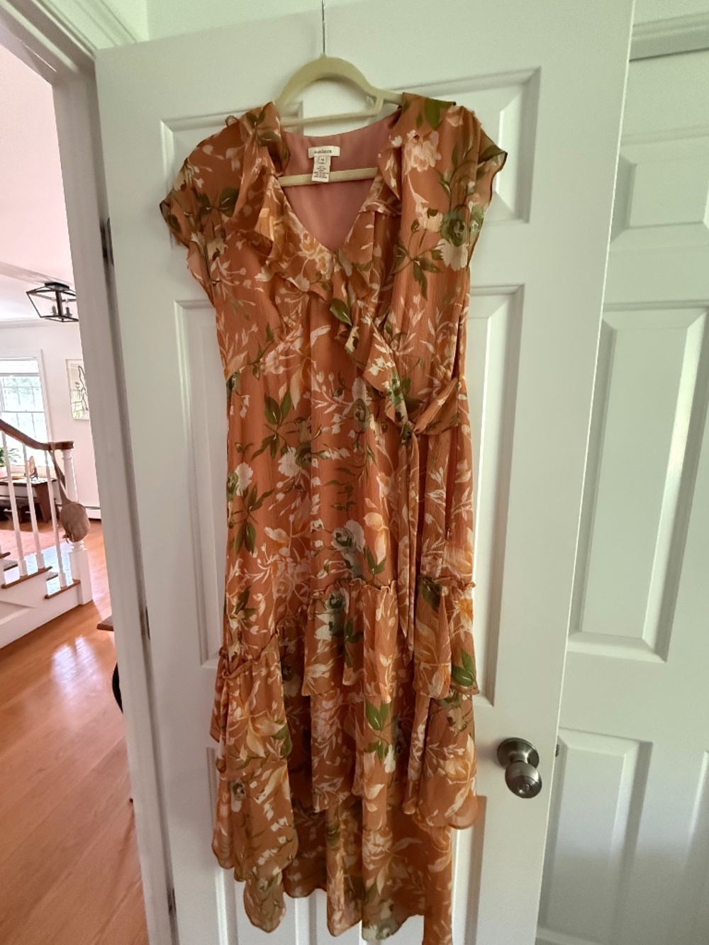 Sundance Silk Floral Ruffle Dress Size 10 Boho Romantic Peach Midi